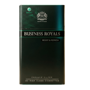 Tobacco Sepeti stoklarında bulunan orijinal Business Royall BR Super Slim Crisp Mint sigara paketi, şık buz mavisi detaylarını ve modern ince tasarımını gösteren profesyonel ürün görseli.