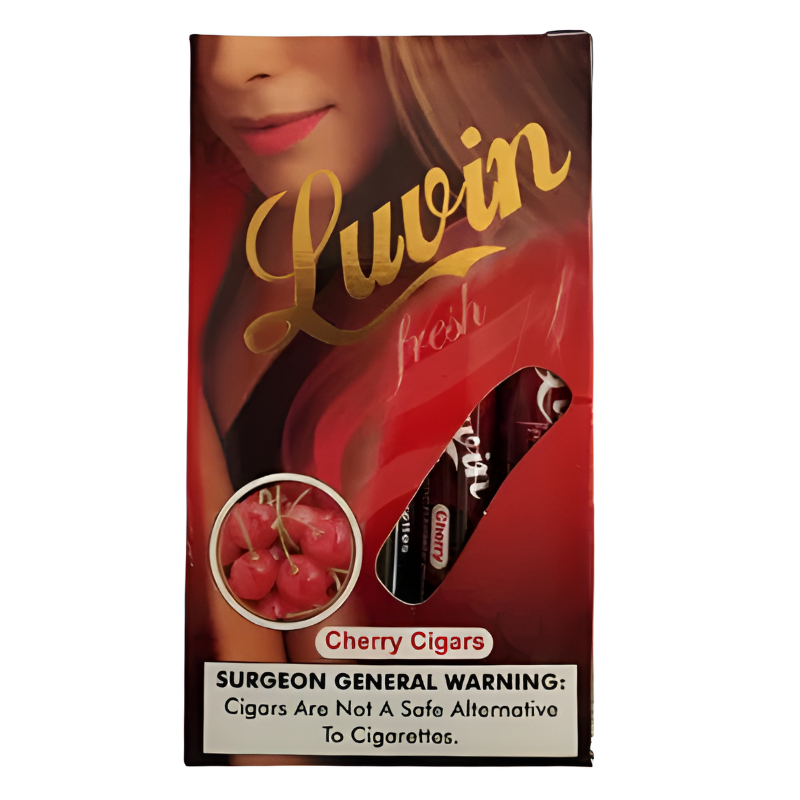 Tobacco Sepeti stoklarında bulunan orijinal Luvin Cherry Sigarillo puro paketi, koruyucu kutusu ve vişne aromalı içeriğini gösteren profesyonel ürün görseli.