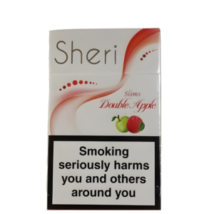 Tobacco Sepeti stoklarında bulunan orijinal Sheri Double Apple Slim sigara paketi, şık elma detaylarını ve modern ince tasarımını gösteren profesyonel ürün görseli.